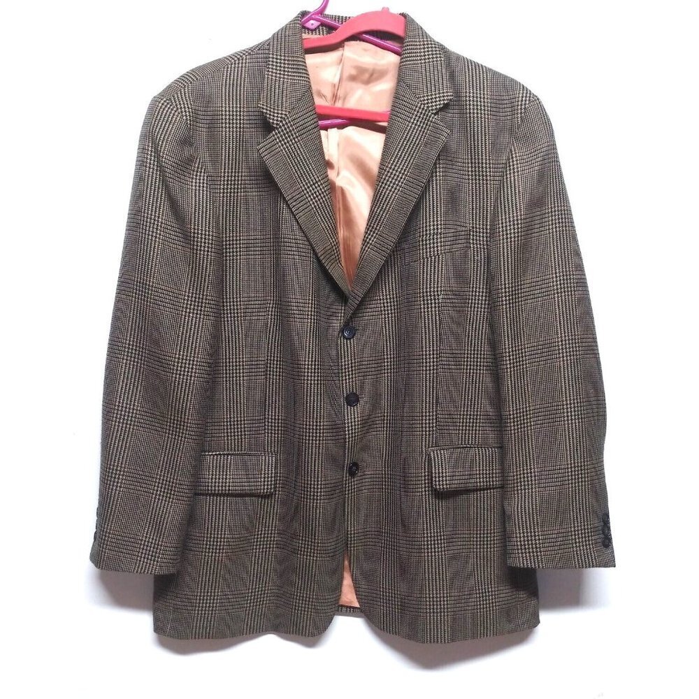J. RIGGINGS Blazer Jacket Mens 44R Brown tan Wool-blend Houndstooth Sports Coat